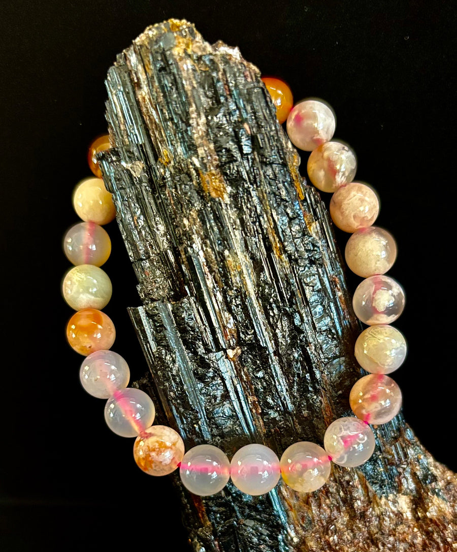 🌸 Pink Flower Agate (Cherry Agate) Bracelet – 8mm Beads, Small to Medium Wrists