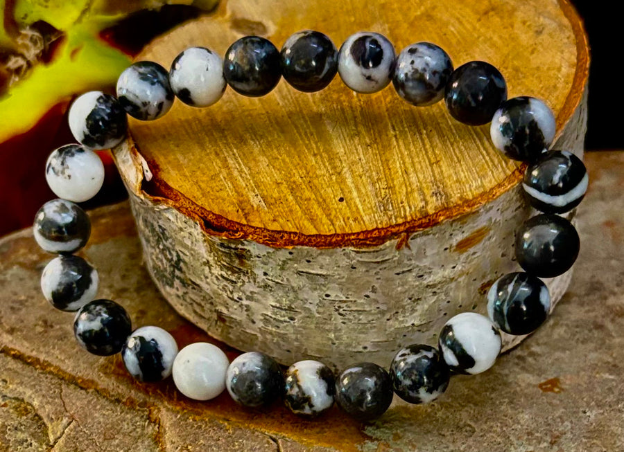 ⚫⚪ Zebra Stone Bracelet – 8mm Beads, Medium Wrists