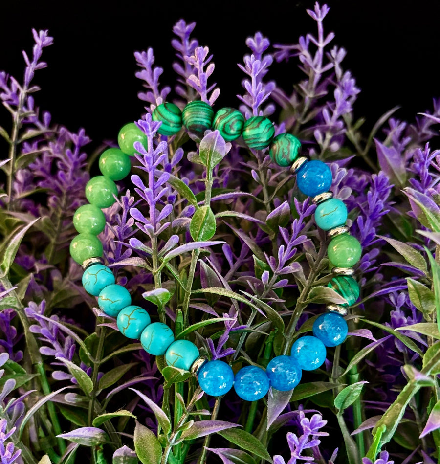 Anxiety Relief Healing Bracelet – Fits Large Wrists (Malachite, Green Aventurine, Turquoise, and Aquamarine)