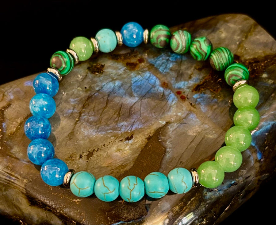 Anxiety Relief Healing Bracelet – Fits Large Wrists (Malachite, Green Aventurine, Turquoise, and Aquamarine)