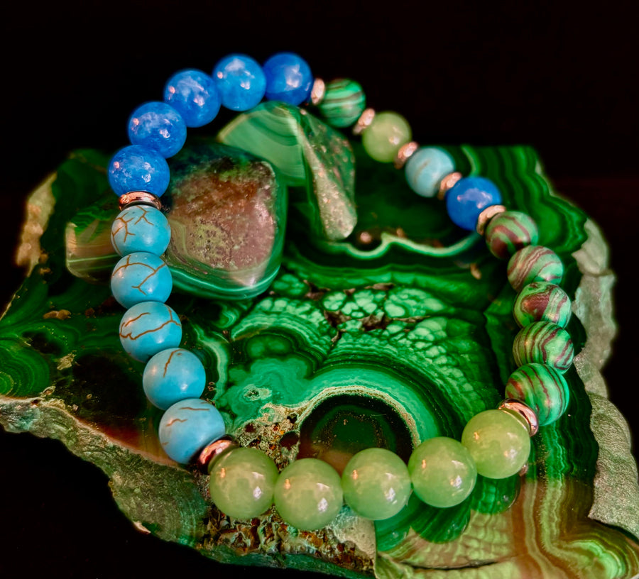 Anxiety Relief Healing Bracelet – Fits Large Wrists (Malachite, Green Aventurine, Turquoise, and Aquamarine)