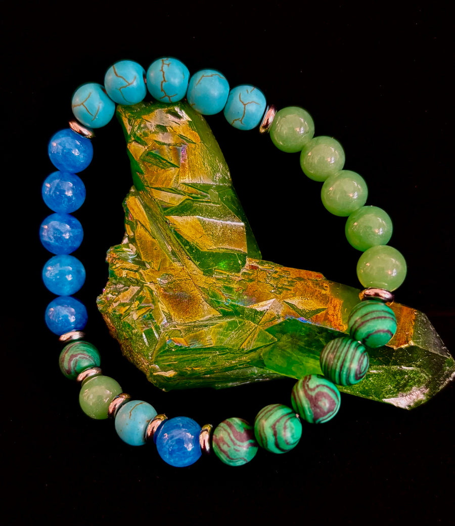 Anxiety Relief Healing Bracelet – Fits Large Wrists (Malachite, Green Aventurine, Turquoise, and Aquamarine)