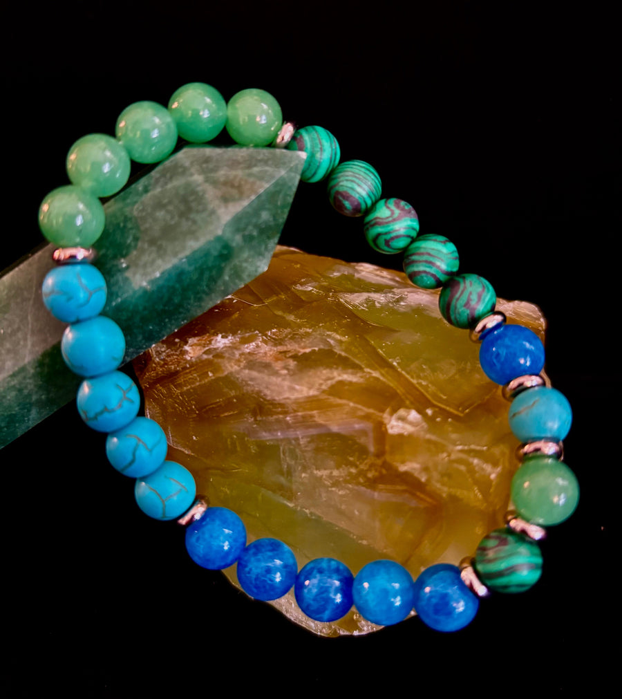 Anxiety Relief Healing Bracelet – Fits Large Wrists (Malachite, Green Aventurine, Turquoise, and Aquamarine)