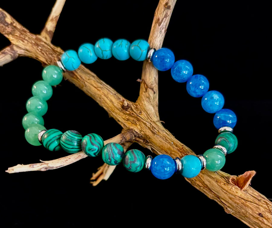 Anxiety Relief Healing Bracelet – Fits Large Wrists (Malachite, Green Aventurine, Turquoise, and Aquamarine)