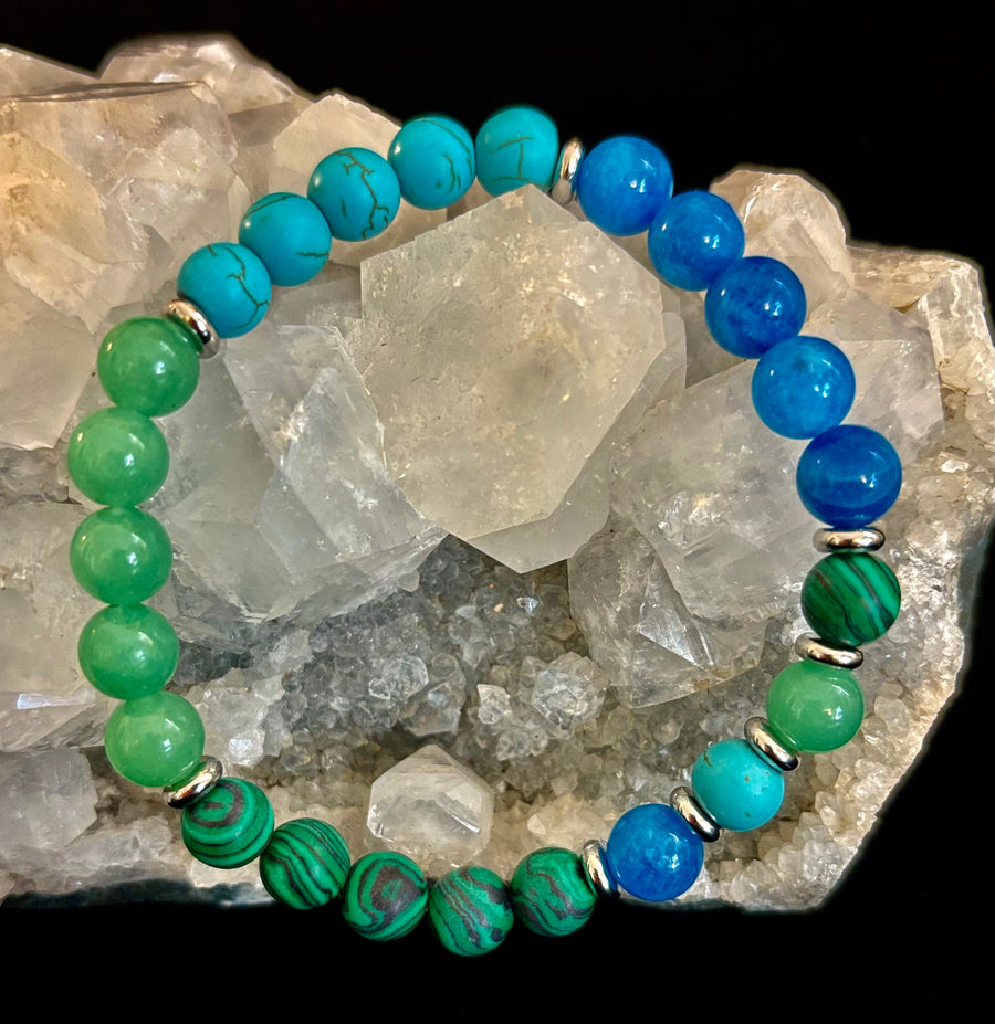 Anxiety Relief Healing Bracelet – Fits Large Wrists (Malachite, Green Aventurine, Turquoise, and Aquamarine)