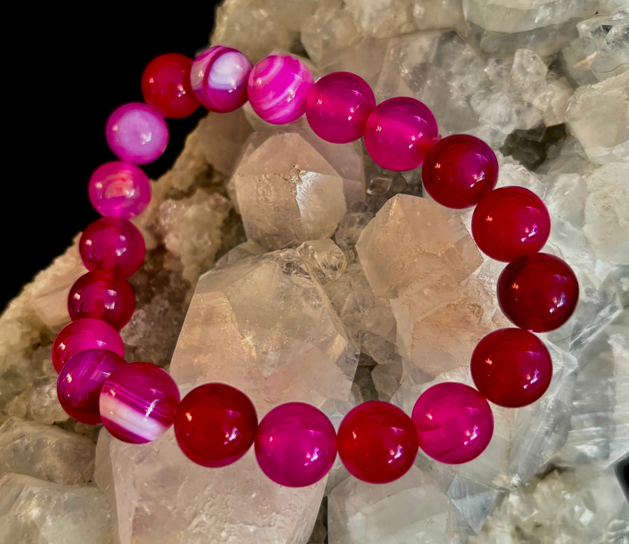 Rose Red Striped Agate Beaded Bracelet – 10mm Natural Stone for Large Wrists