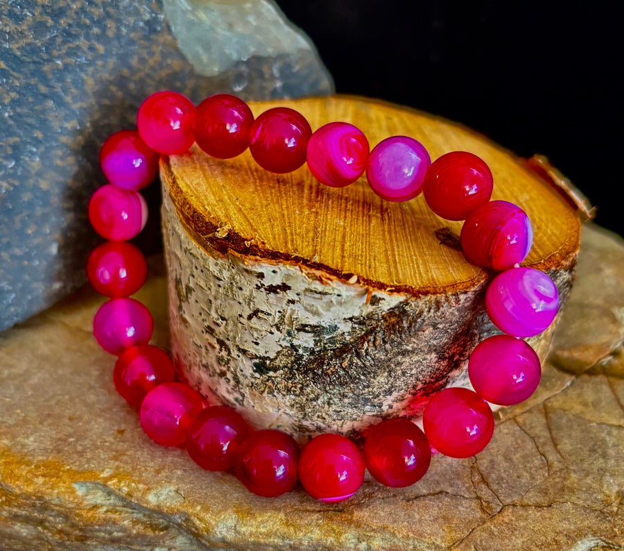 Rose Red Striped Agate Beaded Bracelet – 10mm Natural Stone for Large Wrists