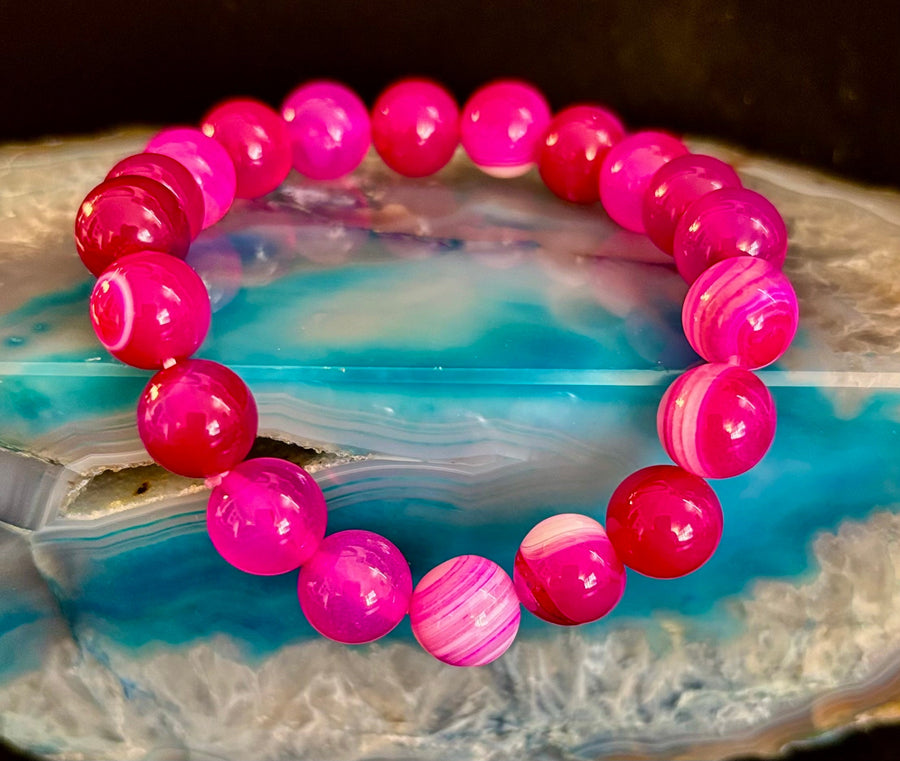 Rose Red Striped Agate Beaded Bracelet – 10mm Natural Stone for Large Wrists