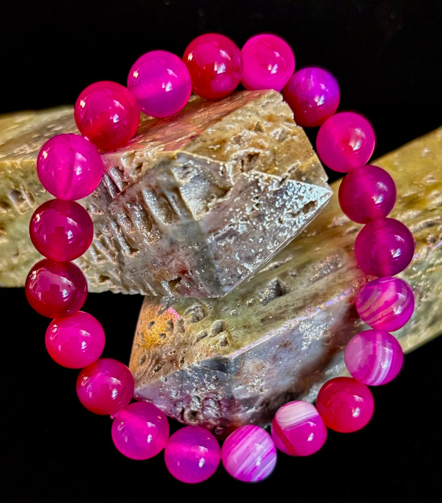 Rose Red Striped Agate Beaded Bracelet – 10mm Natural Stone for Large Wrists