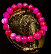 Rose Red Striped Agate Beaded Bracelet – 10mm Natural Stone for Large Wrists
