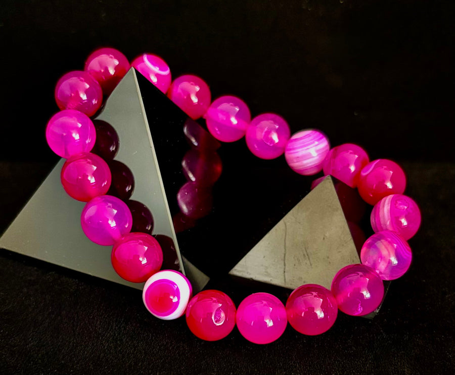 Rose Red Striped Agate Beaded Bracelet – 10mm Natural Stone for Large Wrists