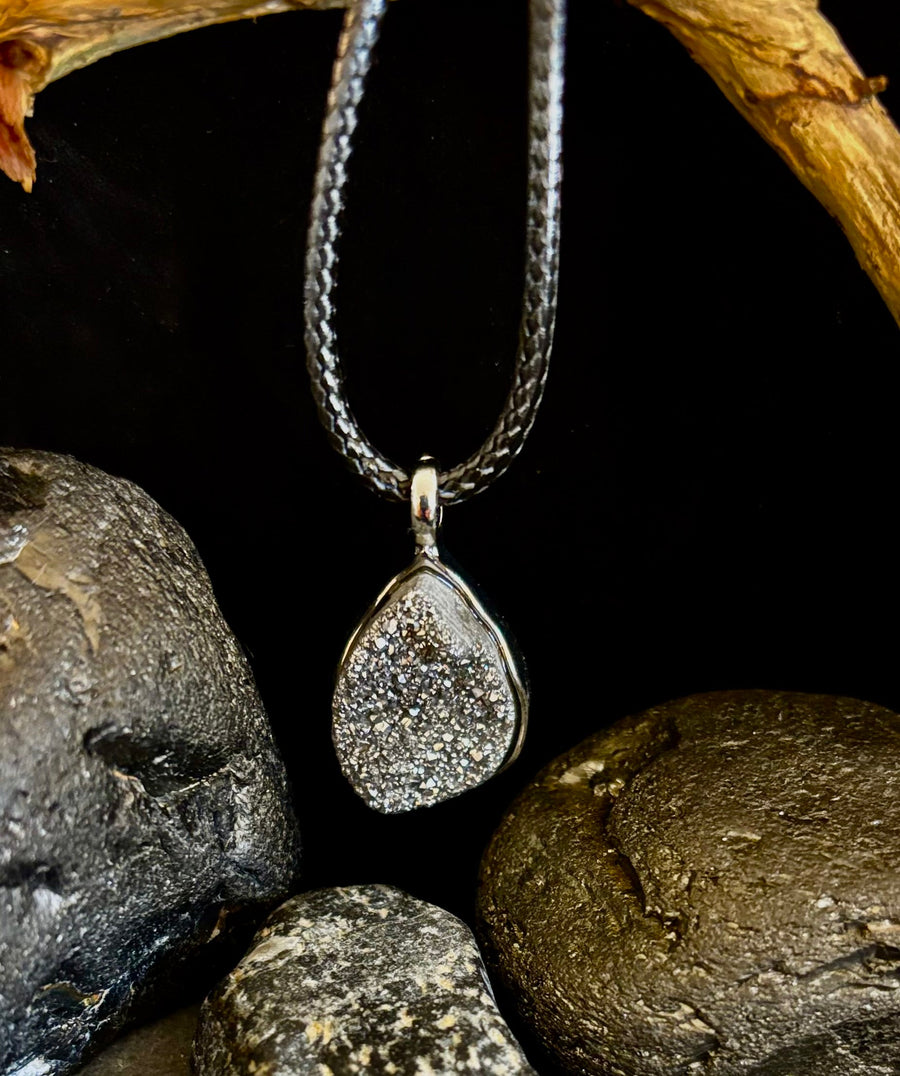 Silver Druzy Teardrop Pendant Necklace | Petite 18mm Pear-Shape Charm on 23” Cord