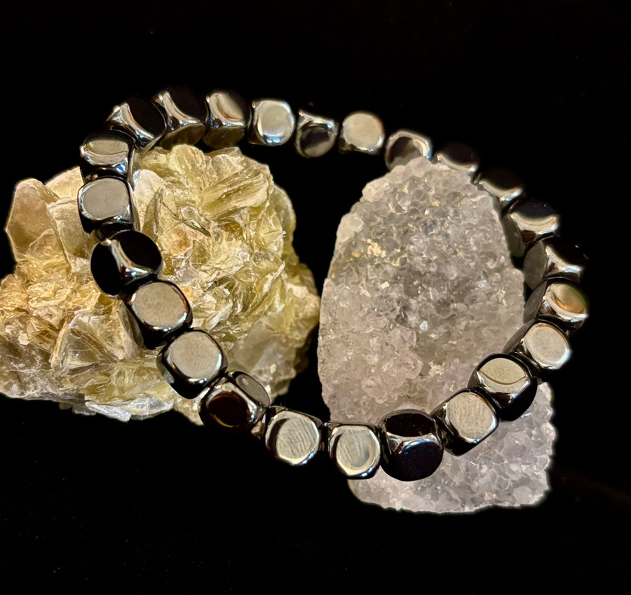 Hematite Cube Beaded Bracelet | Grounding Energy & Balance | Unisex 7.8mm Stretch Fit