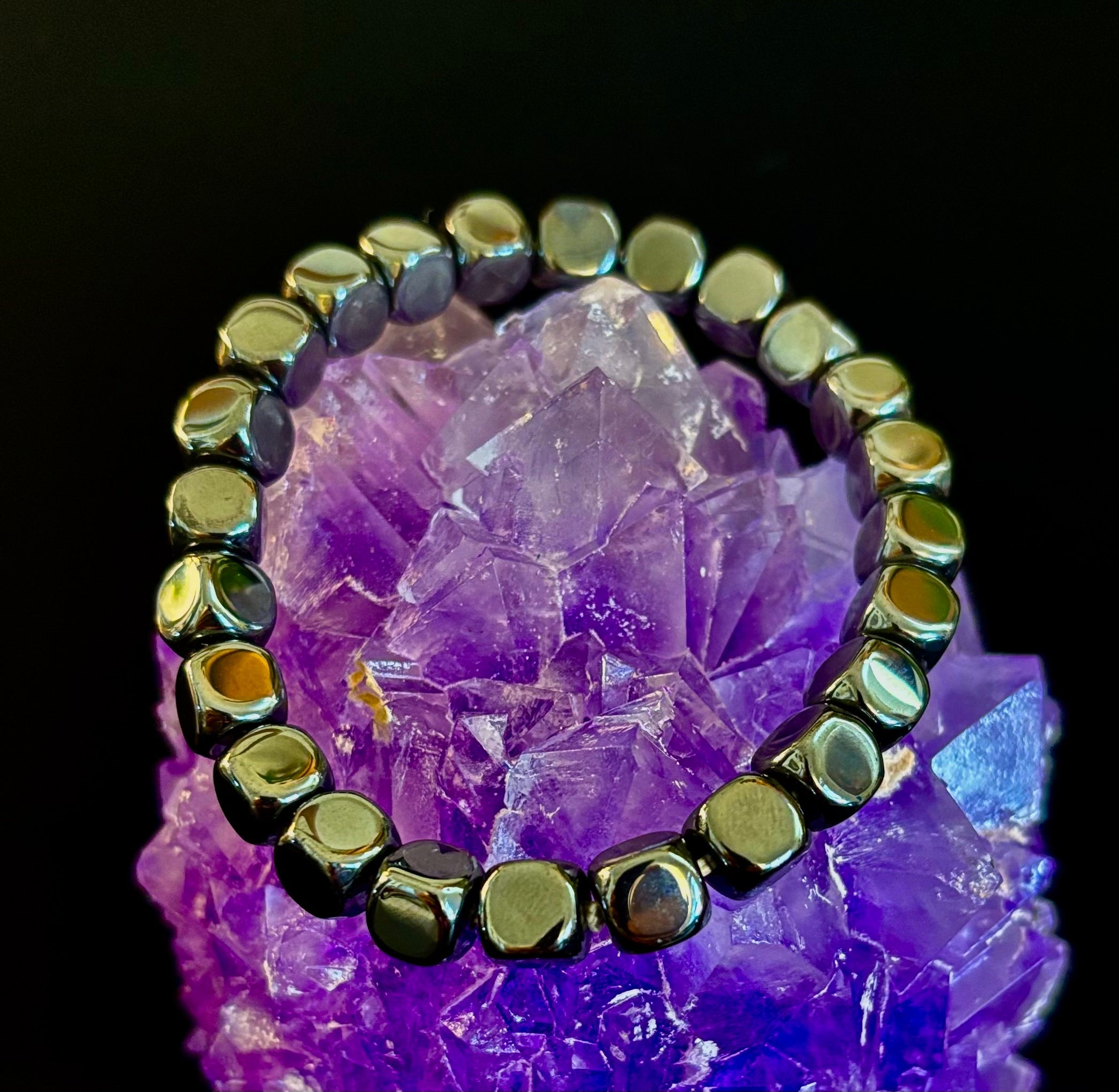 Hematite Cube Beaded Bracelet | Grounding Energy & Balance | Unisex 7.8mm Stretch Fit