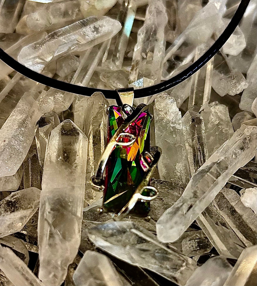 Prismatic Energy Pendant Necklace | Colorful Crystal Branch Design on Leather Cord