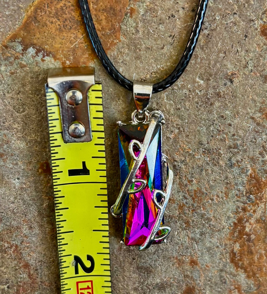 Prismatic Energy Pendant Necklace | Colorful Crystal Branch Design on Leather Cord