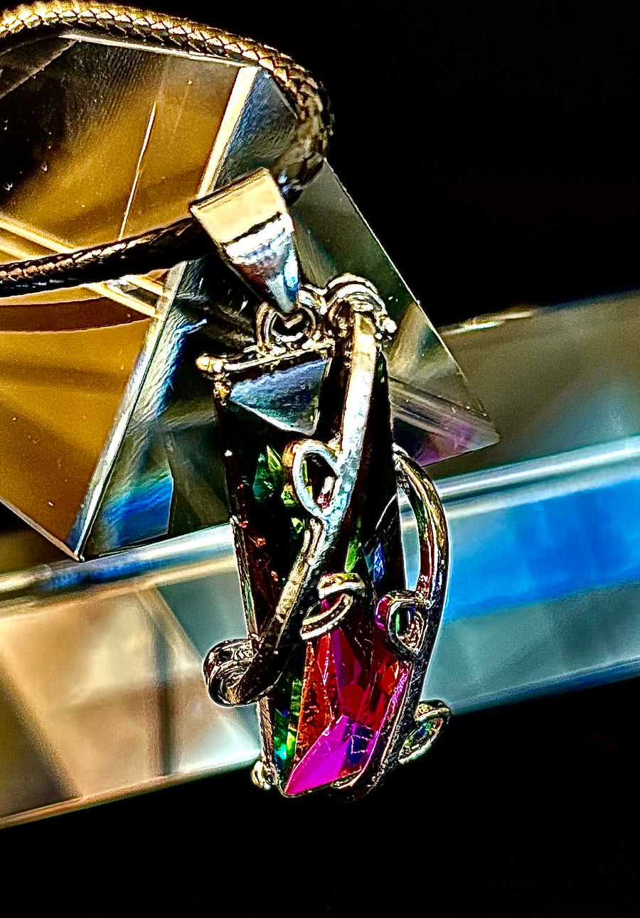 Prismatic Energy Pendant Necklace | Colorful Crystal Branch Design on Leather Cord