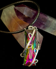 Prismatic Energy Pendant Necklace | Colorful Crystal Branch Design on Leather Cord