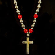 Magnetic Hematite Ball Chain Cross Necklace – Black & Red Natural Stones (24 inch.)