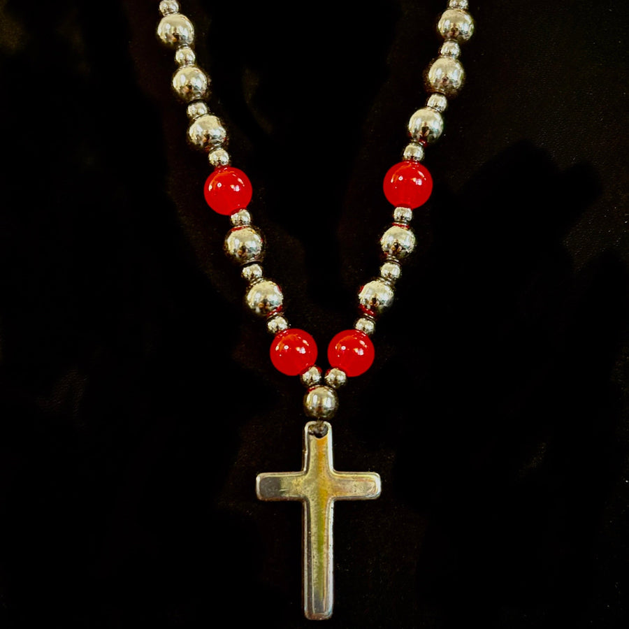 Magnetic Hematite Ball Chain Cross Necklace – Black & Red Natural Stones (24 inch.)