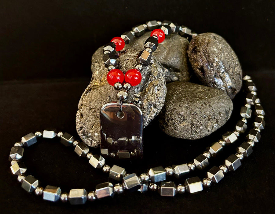 Hero Shield Magnetic Hematite Necklace – Red Power Beads + Dog Tag Pendant (Unisex Protection Jewelry)