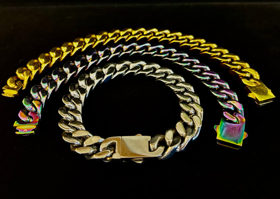 Gender-inclusive Titanium Steel Chain Bracelet – 22cm Cuban Link, Silver/Gold/Rainbow
