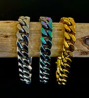 Gender-inclusive Titanium Steel Chain Bracelet – 22cm Cuban Link, Silver/Gold/Rainbow