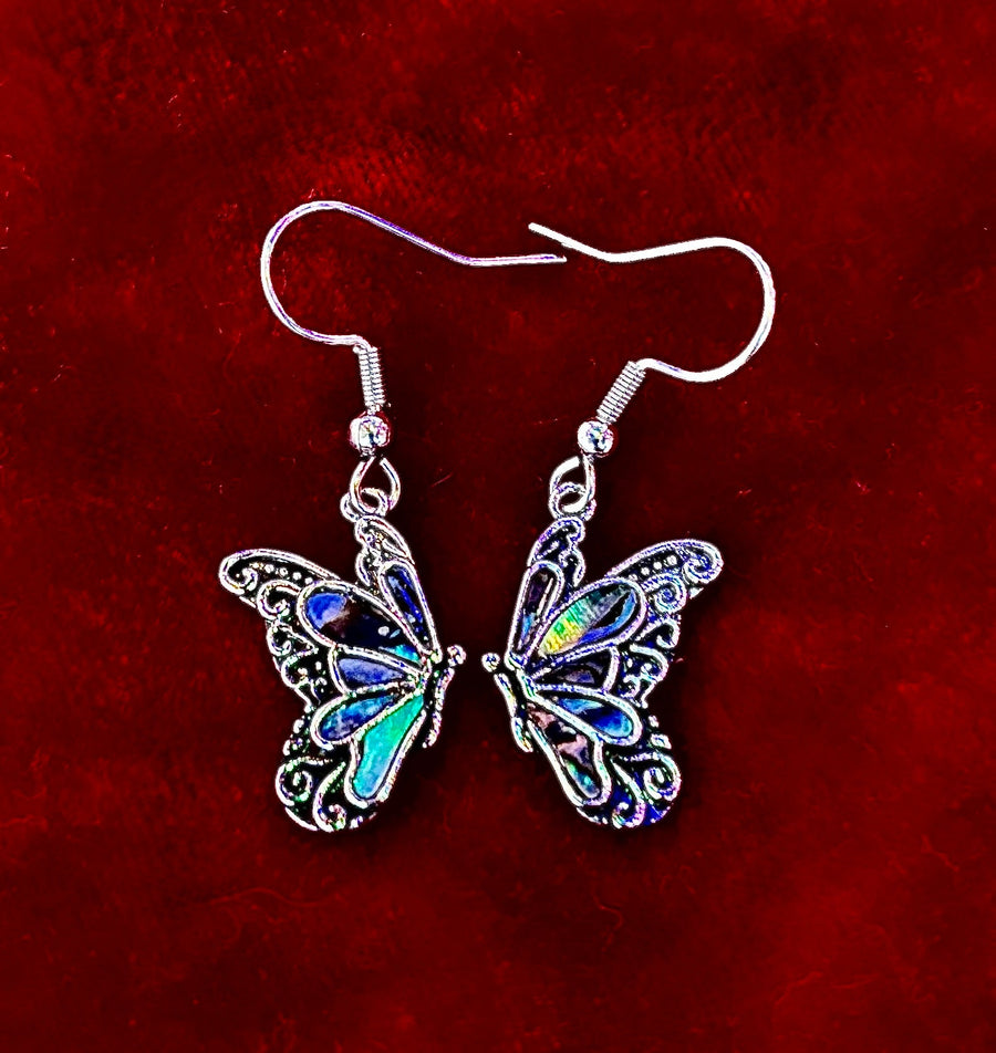 Petite Abalone Butterfly Earrings | Iridescent Wing Dangle Jewels
