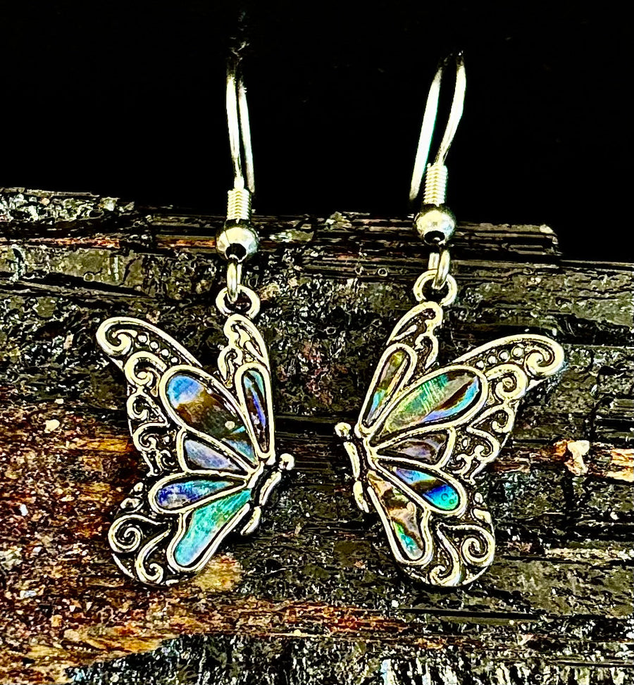 Petite Abalone Butterfly Earrings | Iridescent Wing Dangle Jewels