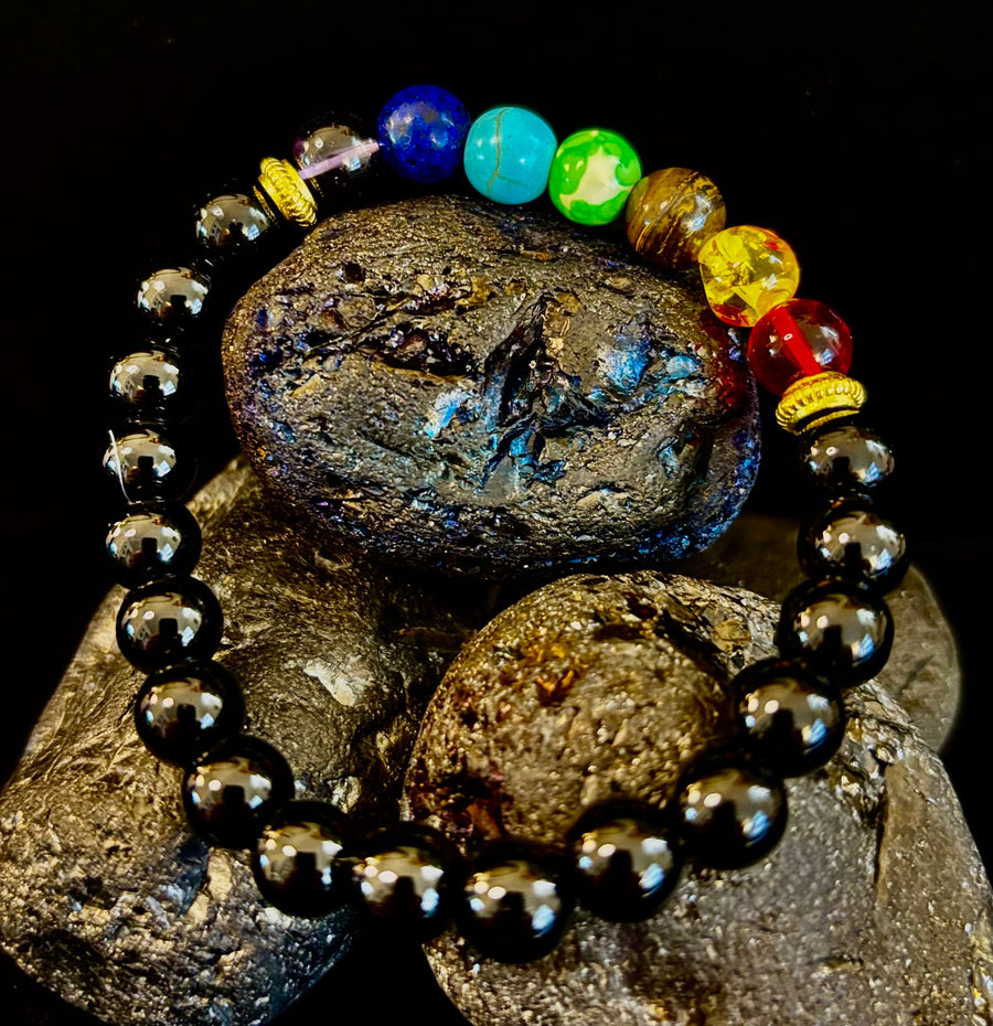 7 Chakra & Black Onyx Reiki-Infused Balance & Protection Bracelet (Medium Wrist)