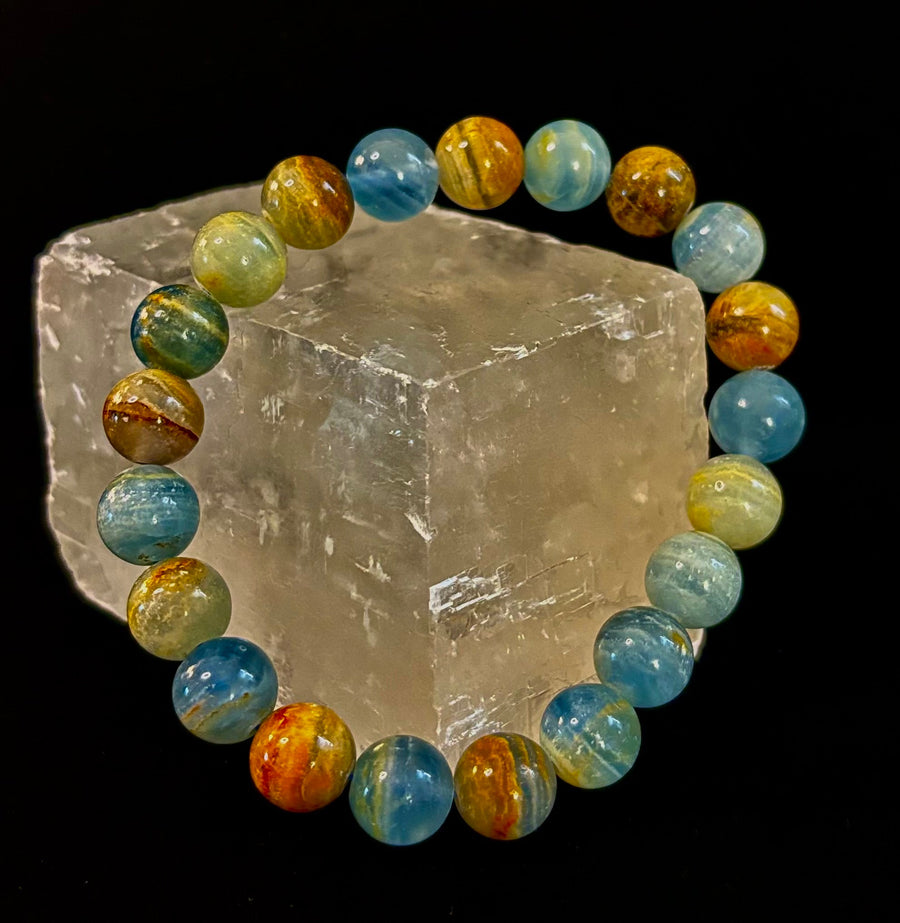 Aquatine Lemurian Calcite Bracelet – 8mm and 10mm Beads (Medium Wrists)