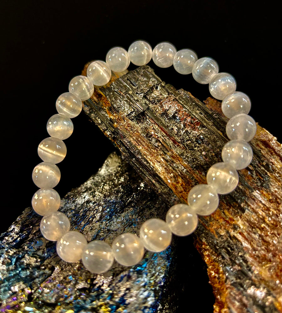 White Cat Eye Stone Bracelet – Reiki-Infused Clarity & Protection Jewelry (Medium–Large Wrist)