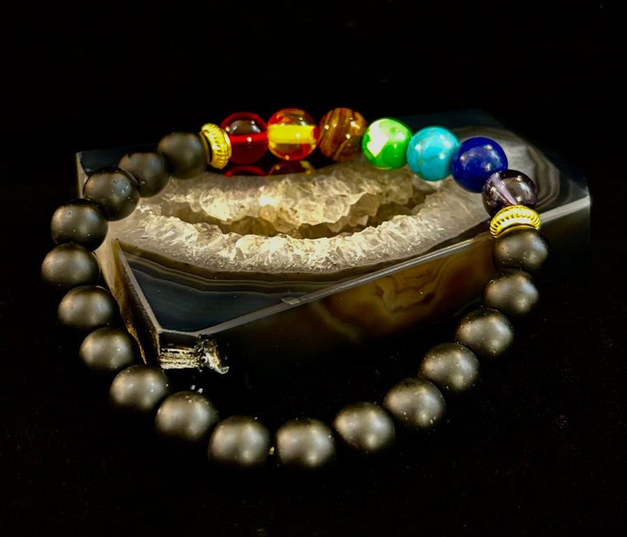 7 Chakra & Black Onyx Reiki-Infused Balance & Protection Bracelet (Medium Wrist)