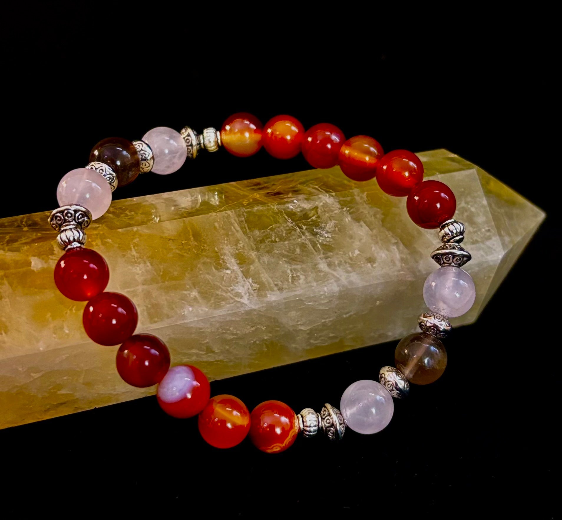 Grief & Loss Support Intention Bracelet – Reiki-Infused Carnelian, Rose Quartz & Smoky Quartz