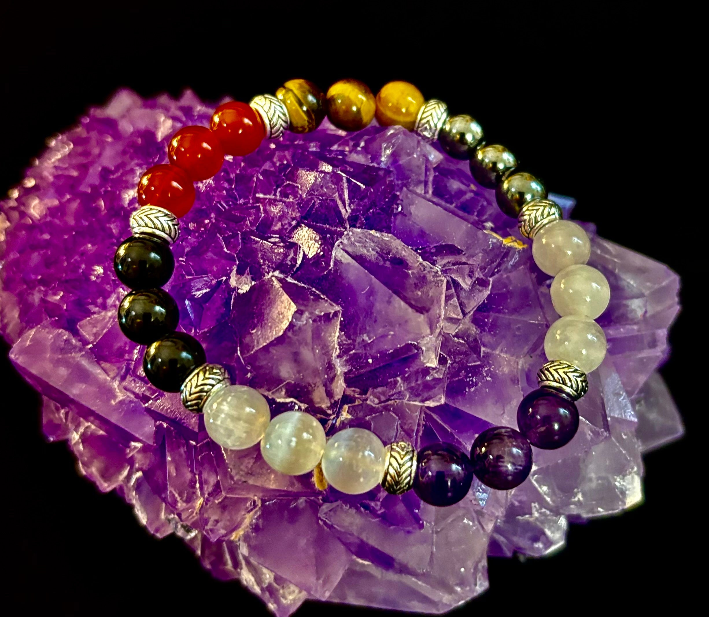 Renewal & Strength Addiction Recovery Bracelet – Carnelian, Amethyst, Rose Quartz, Hematite & Selenite