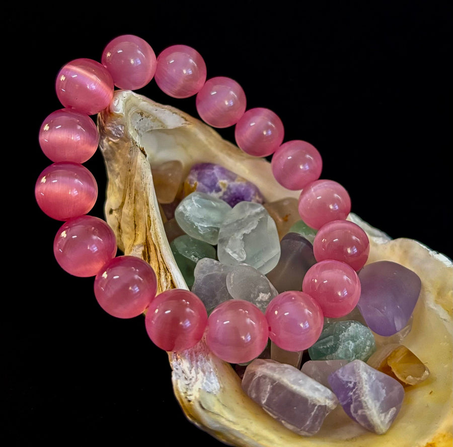 Pink Cat Eye Stone Bracelet (12mm Beads) – Bold Glow Statement Bracelet