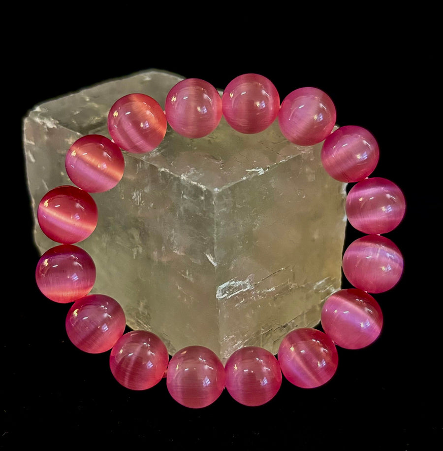 Pink Cat Eye Stone Bracelet (12mm Beads) – Bold Glow Statement Bracelet