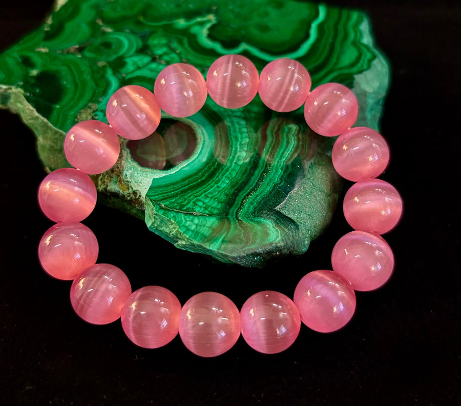 Pink Cat Eye Stone Bracelet (12mm Beads) – Bold Glow Statement Bracelet