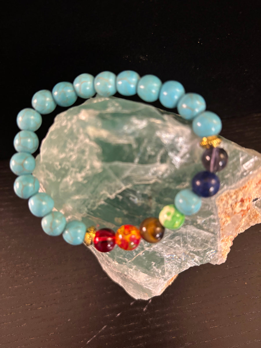 Chakra Healing Bracelet – Turquoise Howlite Energy Beads with Chakra Stones