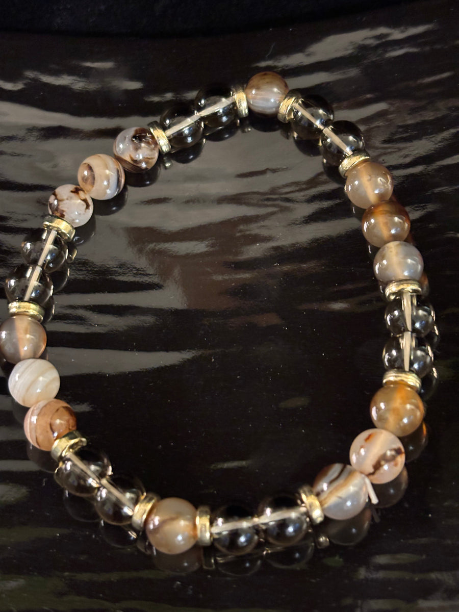 Bohemian "Overthinker's Elixir" Bracelet – Handcrafted Botswana Agate & Smoky Quartz for Grounding & Clarity