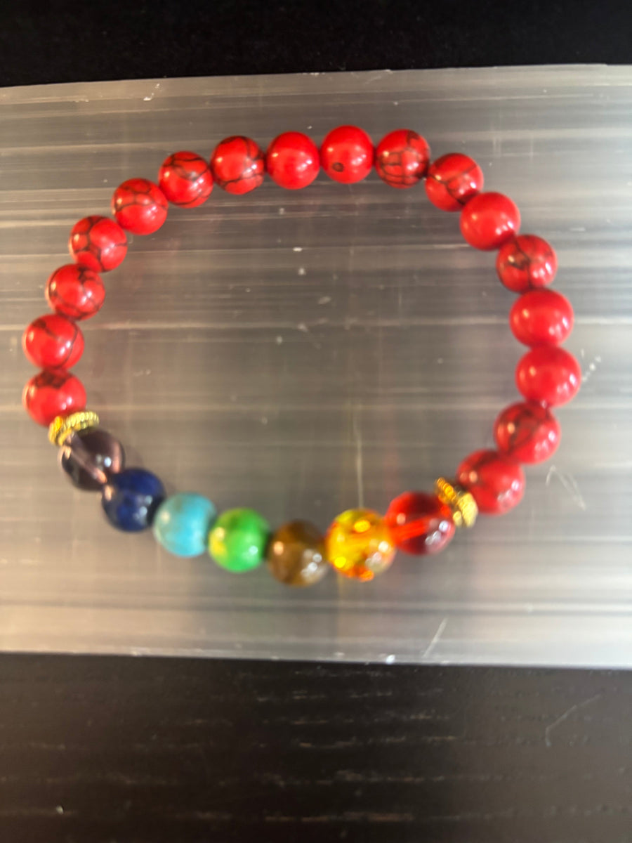 Chakra & Red Turquoise Energy Alignment Bracelet – 8mm Beads for Spiritual Protection & Vitality (Medium Wrists)