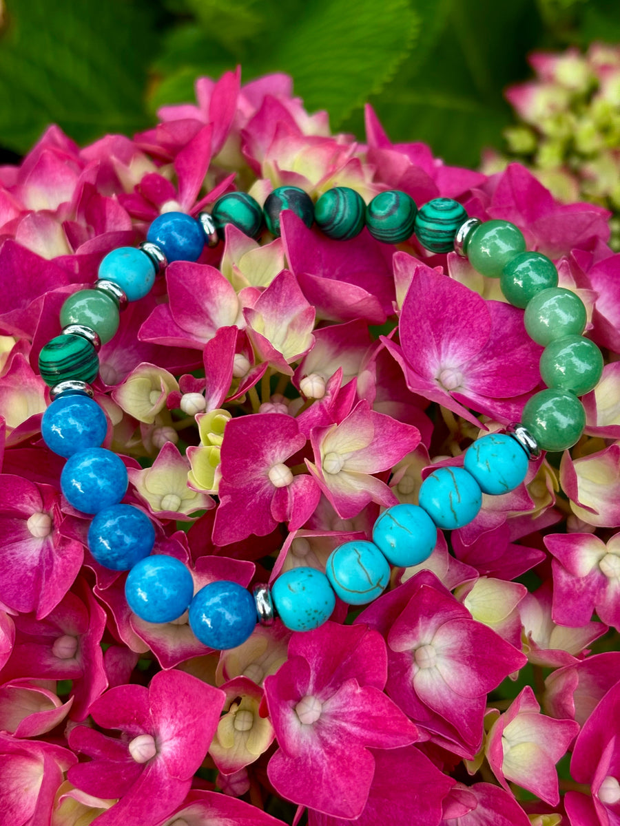 Anxiety Relief Healing Bracelet – Fits Large Wrists (Malachite, Green Aventurine, Turquoise, and Aquamarine)