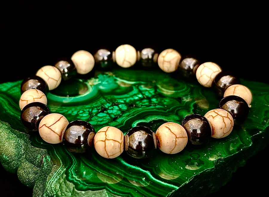 Black and White - Hematite and Veined White Stones - 8"-8.5" - Large and XL Wrists