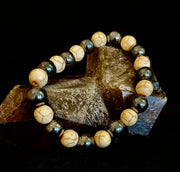 Black and White - Hematite and Veined White Stones - 8"-8.5" - Large and XL Wrists