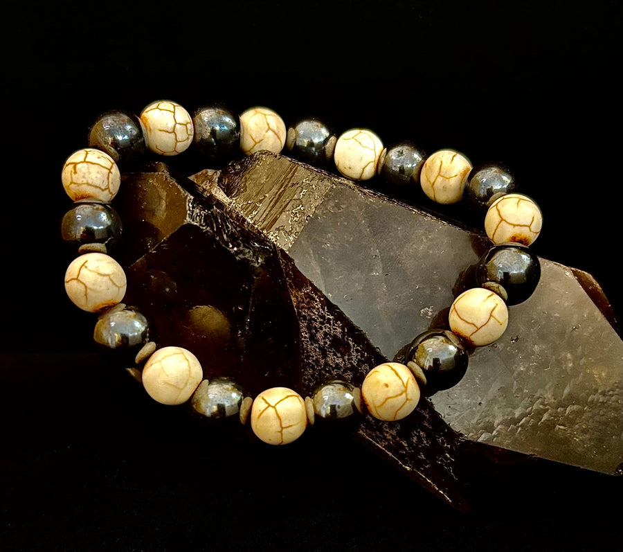Black and White - Hematite and Veined White Stones - 8"-8.5" - Large and XL Wrists