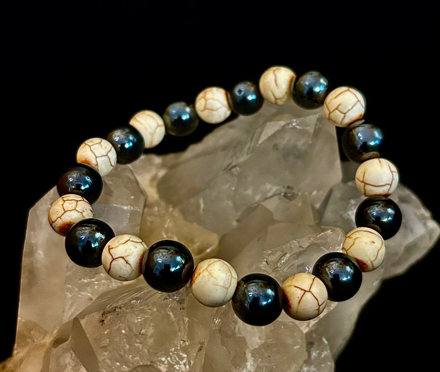 Black and White - Hematite and Veined White Stones - 8"-8.5" - Large and XL Wrists