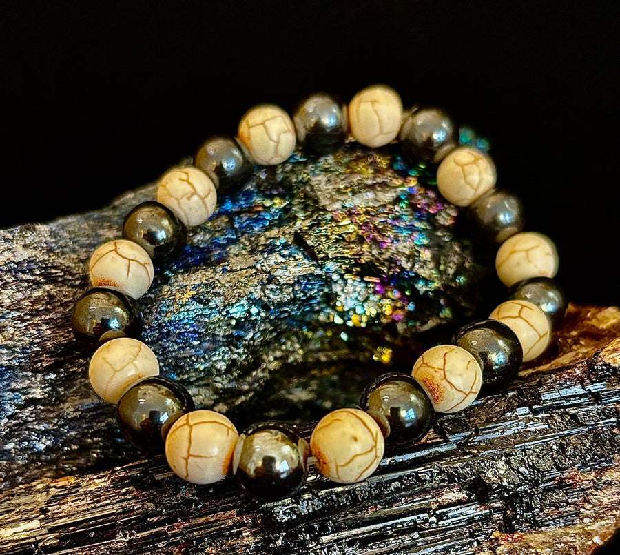 Black and White - Hematite and Veined White Stones - 8"-8.5" - Large and XL Wrists