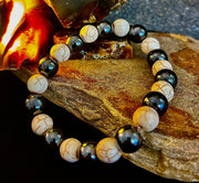 Black and White - Hematite and Veined White Stones - 8"-8.5" - Large and XL Wrists