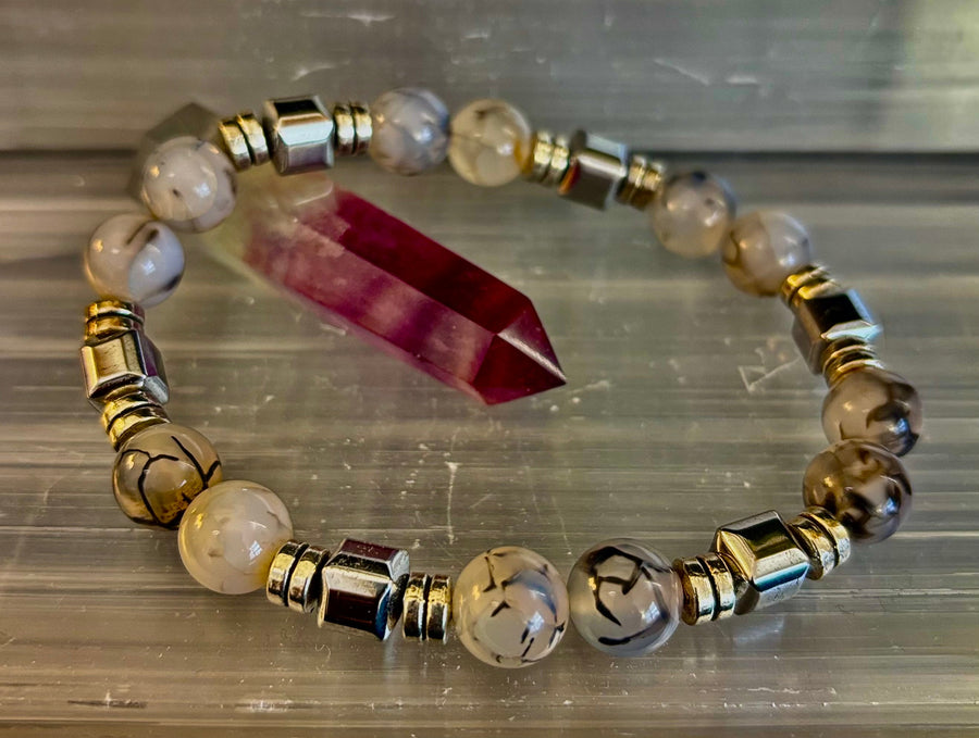 Dragon Vein Agate with Silver Spacers - 8"-8.5" - Large and XL Wrists