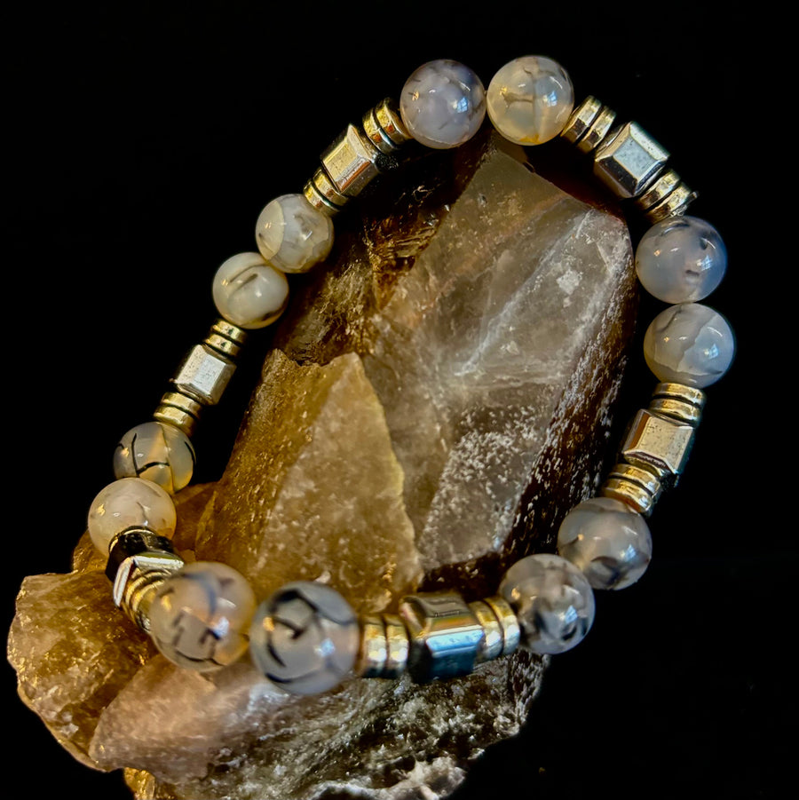 Dragon Vein Agate with Silver Spacers - 8"-8.5" - Large and XL Wrists